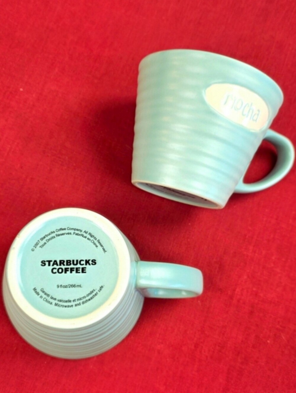 Starbucks 2007 Mocha Mugs 9 oz Ribbed Teal Ceramic Set Of 2 - Picture 4 of 12